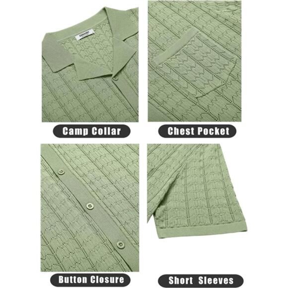 Men's Knit Button Down Shirt Short Sleeve Vintage Polo Shirts Summer - Picture 5 of 7